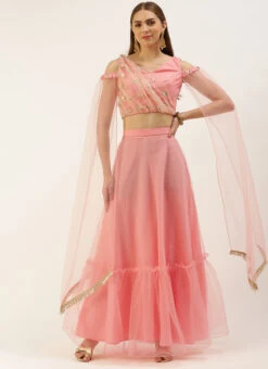 Skirt From Peach N Pink Net Embroidered Skirt Set After Six Wear -Indo Clothing Shop Peach N Pink Net Embroidered Skirt Set IWBS02212524 u