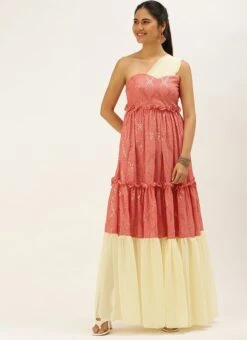 Peach N White Embroidered Tiered Maxi Dress Festive Wear -Indo Clothing Shop Peach N White Embroidered Tiered Maxi Dress DRBS02206302 u