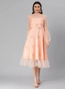 Peach Organza Embroidered Midi Dress After Six Wear -Indo Clothing Shop Peach Organza Embroidered Midi Dress DRBS02205053 u