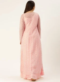 Peach Pleated Georgette Gown N Embroidered Jacket Party Wear -Indo Clothing Shop Peach Pleated Georgette Gown N Embroidered Jacket IWBS02304051 b