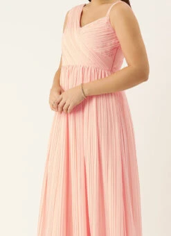 Peach Pleated Georgette Gown N Embroidered Jacket Party Wear
