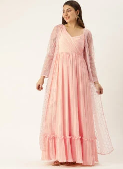 Peach Pleated Georgette Gown N Embroidered Jacket Party Wear -Indo Clothing Shop Peach Pleated Georgette Gown N Embroidered Jacket IWBS02304051 u