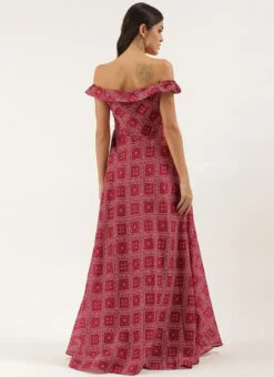 Pink Art Silk Digital Printed Off Shoulder Dress Festive Wear -Indo Clothing Shop Pink Art Silk Digital Printed Off Shoulder Dress DRBS02205893 b