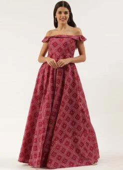 Pink Art Silk Digital Printed Off Shoulder Dress Festive Wear -Indo Clothing Shop Pink Art Silk Digital Printed Off Shoulder Dress DRBS02205893 u