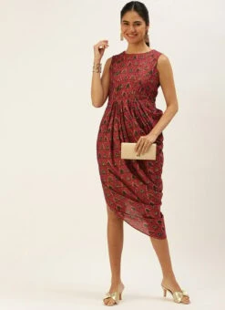 Pink Chanderi Art Silk Maxi Dress Festive Wear -Indo Clothing Shop Pink Chanderi Art Silk Maxi Dress DRBS02207321 u