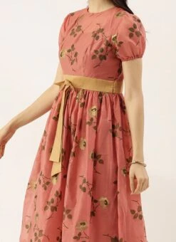 Pink Chanderi Silk Puff Sleeve Dress Festive Wear