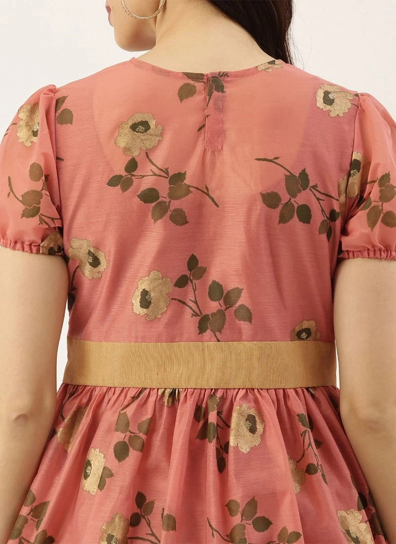 Pink Chanderi Silk Puff Sleeve Dress Festive Wear 6 Pink Chanderi Silk Puff Sleeve Dress Festive Wear - Image 6