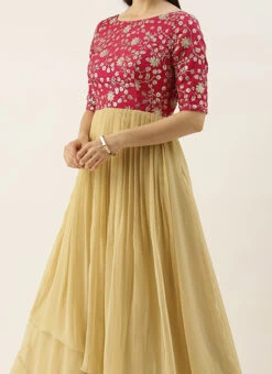 Pink Chinon Embroidered N Beige Gown Festive Wear