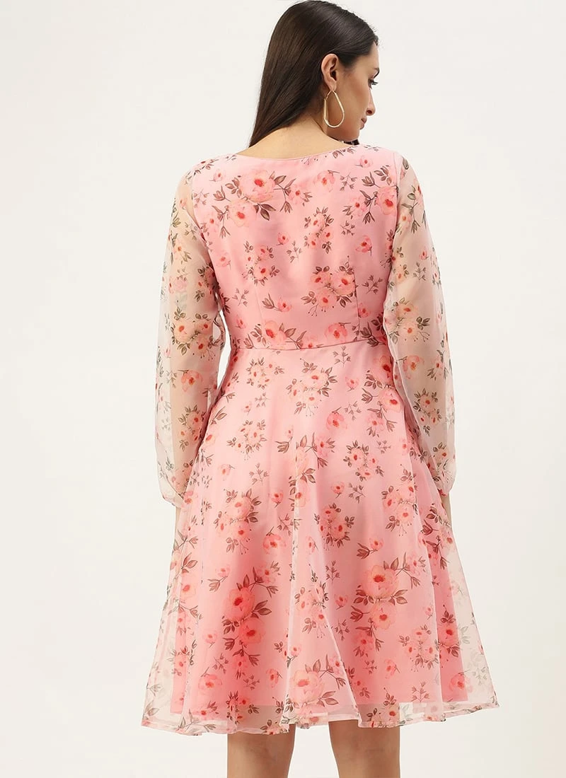 Pink Digital Printed Organza Knee Length Dress After Six Wear 4 Pink Digital Printed Organza Knee Length Dress After Six Wear - Image 4