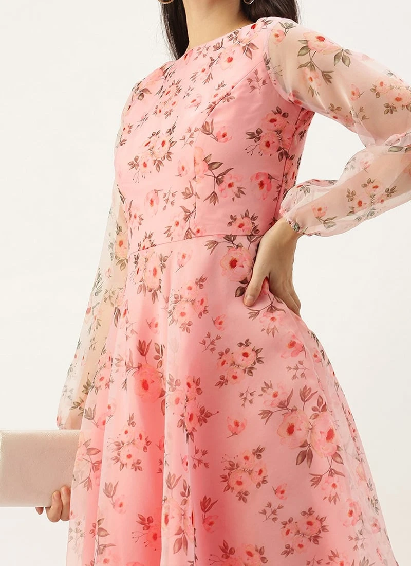 Pink Digital Printed Organza Knee Length Dress After Six Wear 1 Pink Digital Printed Organza Knee Length Dress After Six Wear