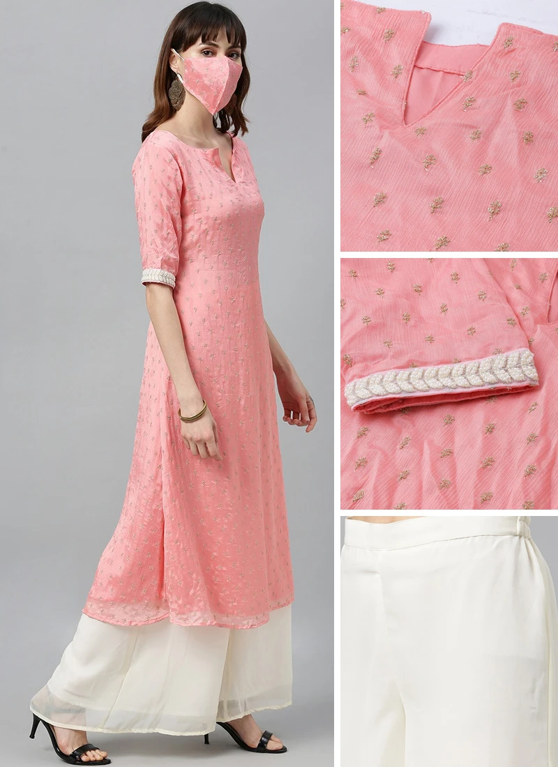 Pink Embroidered Calf Length Kurta Set After Six Wear 3 Pink Embroidered Calf Length Kurta Set After Six Wear - Image 3