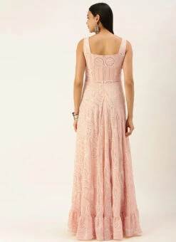 Pink Embroidered Pentagon Neck Style Gown Party Wear -Indo Clothing Shop Pink Embroidered Pentagon Neck Style Gown IWBS02111135 b