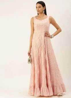 Pink Embroidered Pentagon Neck Style Gown Party Wear -Indo Clothing Shop Pink Embroidered Pentagon Neck Style Gown IWBS02111135 u