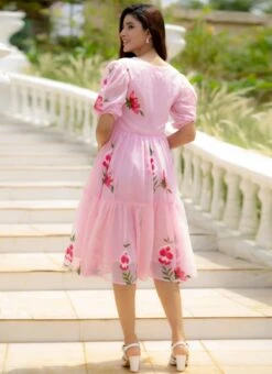 Pink Faux Chiffon Digital Print Fit And Flare Dress After Six Wear -Indo Clothing Shop Pink Faux Chiffon Digital Print Fit And Flare Dress DRSSUF1301 b