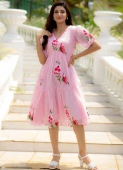 Pink Faux Chiffon Digital Print Fit And Flare Dress After Six Wear -Indo Clothing Shop Pink Faux Chiffon Digital Print Fit And Flare Dress DRSSUF1301 u
