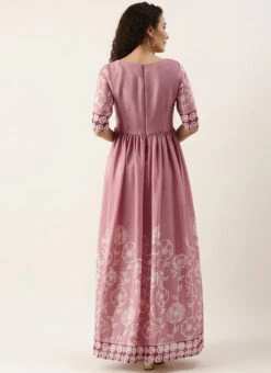 Pink Foil Print Chinnon Pleated Yoke Dress Festive Wear -Indo Clothing Shop Pink Foil Print Chinnon Pleated Yoke Dress DRBS02111123 b