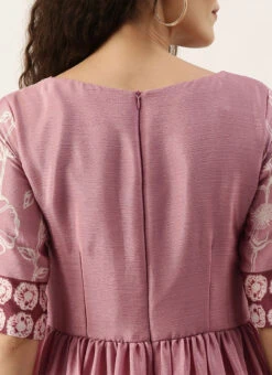 Pink Foil Print Chinnon Pleated Yoke Dress Festive Wear -Indo Clothing Shop Pink Foil Print Chinnon Pleated Yoke Dress DRBS02111123 rrc2