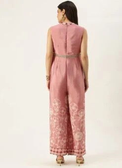 Pink Foil Print Chinon Jumpsuit Party Wear -Indo Clothing Shop Pink Foil Print Chinon Jumpsuit DRBS02201207 b