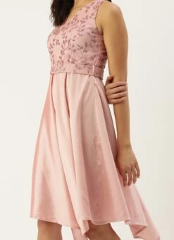 Pink Foil Printed Asymmetric Dress Festive Wear