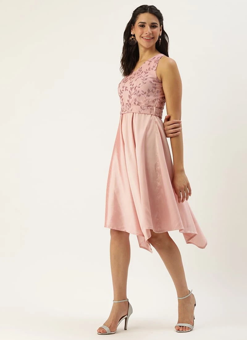 Pink Foil Printed Asymmetric Dress Festive Wear 3 Pink Foil Printed Asymmetric Dress Festive Wear - Image 3