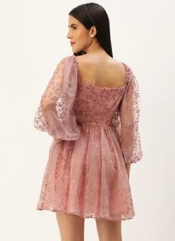 Pink Foil Printed Net Dress Party Wear 11 Pink Foil Printed Net Dress Party Wear -Indo Clothing Shop Pink Foil Printed Net Dress DRBS02208554 b