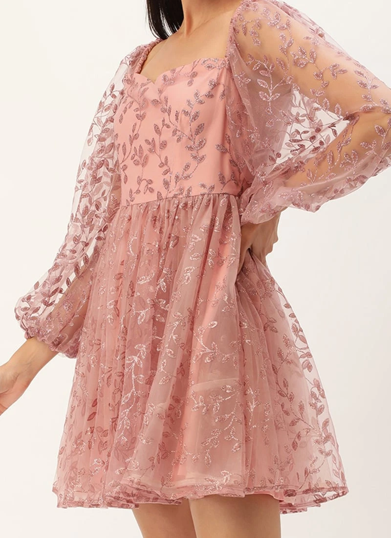 Pink Foil Printed Net Dress Party Wear 1 Pink Foil Printed Net Dress Party Wear