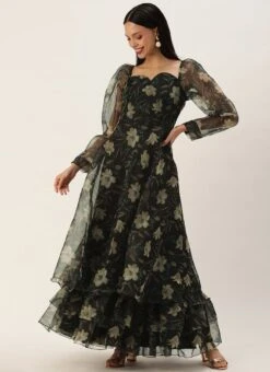 Black Printed Organza Maxi Dress Festive Wear -Indo Clothing Shop Pink Foil Printed organza Maxi Dress DRBS02208513 u