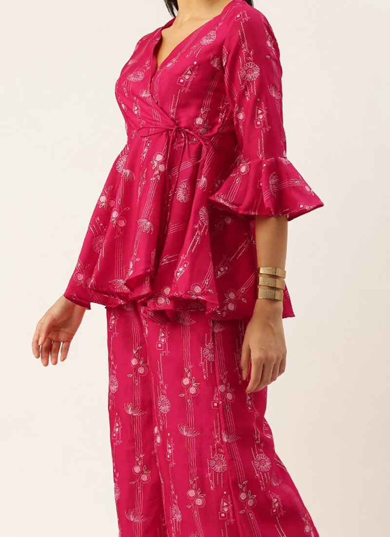 Bottom From Pink Foli Print Art Silk Co Ords Set After Six Wear 1 Bottom From Pink Foli Print Art Silk Co Ords Set After Six Wear