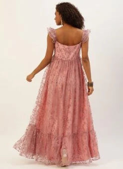 Pink Glitter Foil Tiered Gathers Dress Wedding Wear Party Wear -Indo Clothing Shop Pink Glitter Foil Tiered Gathers Dress DRBS02209690 b