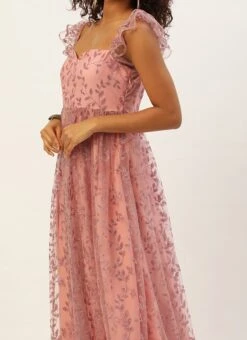 Pink Glitter Foil Tiered Gathers Dress Wedding Wear Party Wear