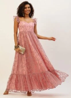 Pink Glitter Foil Tiered Gathers Dress Wedding Wear Party Wear -Indo Clothing Shop Pink Glitter Foil Tiered Gathers Dress DRBS02209690 u