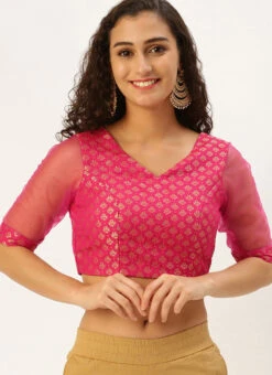 Pink Jacquard Art Silk Keyhole Style Blouse Festive Wear -Indo Clothing Shop Pink Jacquard Art Silk Keyhole Style Blouse BLBS02305205 u