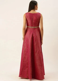 Pink Jacquard Draped Yoke Gown Party Wear -Indo Clothing Shop Pink Jacquard Draped Yoke Gown IWBS02201205 b