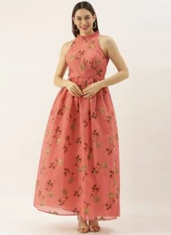 Pink Modal Chanderi Gathered Dress After Six Wear -Indo Clothing Shop Pink Modal Chanderi Gathered Dress DRBS02104282 u