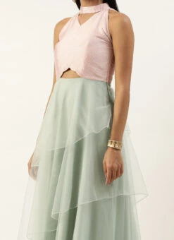 Pink N Green Embroidered Asymmetric Gown Festive Wear