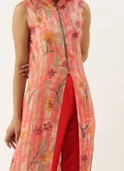 Pink N Red Collar Neck Kurta Sets After Six Wear