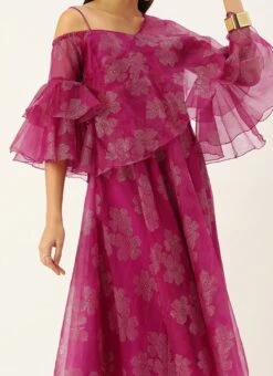 Pink Organza Foil Printed Dress Party Wear