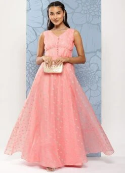 Pink Organza Jacquard Maxi Dress Festive Wear -Indo Clothing Shop Pink Organza Jacquard Maxi Dress DRBS02301035 u