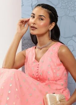 Pink Organza Jacquard Maxi Dress Festive Wear -Indo Clothing Shop Pink Organza Jacquard Maxi Dress DRBS02301035 rrc1