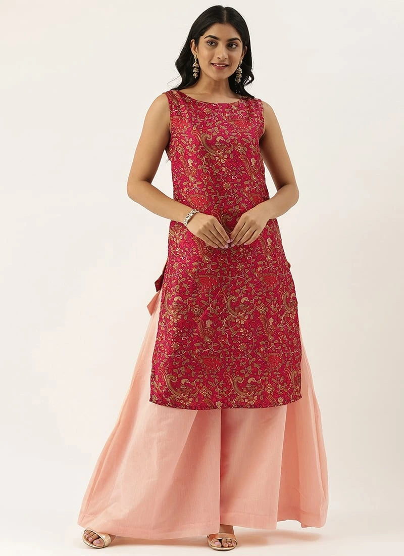 Pink Printed Boat Neck Kurta Set Festive Wear 3 Pink Printed Boat Neck Kurta Set Festive Wear - Image 3