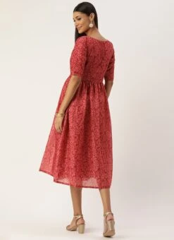Pink Printed Cotton Gathered Calf Length Dress After Six Wear 11 Pink Printed Cotton Gathered Calf Length Dress After Six Wear -Indo Clothing Shop Pink Printed Cotton Gathered Calf Length Dress DRBS02106521 b