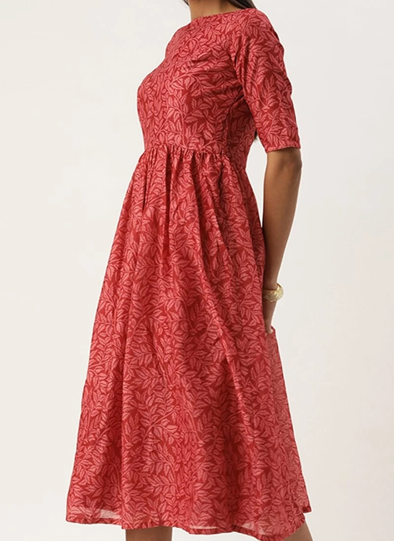 Pink Printed Cotton Gathered Calf Length Dress After Six Wear 1 Pink Printed Cotton Gathered Calf Length Dress After Six Wear