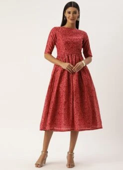 Pink Printed Cotton Gathered Calf Length Dress After Six Wear 10 Pink Printed Cotton Gathered Calf Length Dress After Six Wear -Indo Clothing Shop Pink Printed Cotton Gathered Calf Length Dress DRBS02106521 u