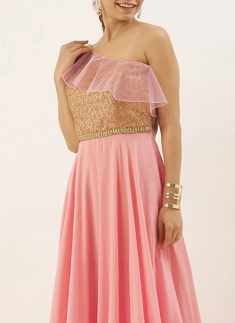 Pink Sequin Embroidered One Shoulder Gown Party Wear 1 Pink Sequin Embroidered One Shoulder Gown Party Wear