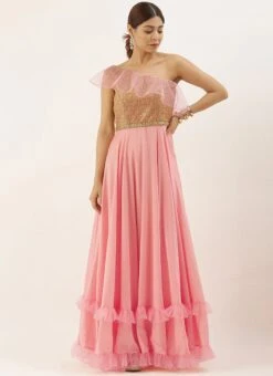 Pink Sequin Embroidered One Shoulder Gown Party Wear 6 Pink Sequin Embroidered One Shoulder Gown Party Wear -Indo Clothing Shop Pink Sequin Embroidered One Shoulder Gown IWBS02007299 u