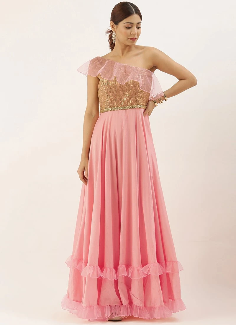 Pink Sequin Embroidered One Shoulder Gown Party Wear 3 Pink Sequin Embroidered One Shoulder Gown Party Wear - Image 3