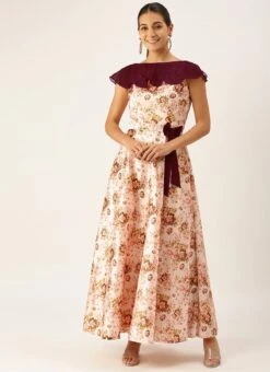 Pink Taffeta Digital Printed N Burgundy Dress Festive Wear -Indo Clothing Shop Pink Taffeta Digital Printed N Burgundy Dress DRBS02109697 u