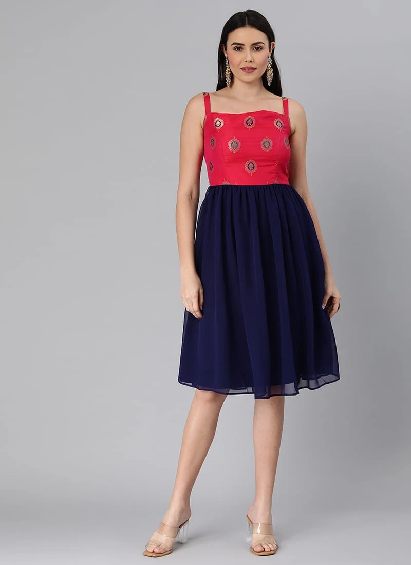 Pink Taffeta Jacquard N Navy Blue Dress Festive Wear 3 Pink Taffeta Jacquard N Navy Blue Dress Festive Wear - Image 3