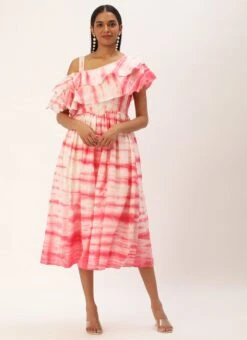 Pink Tie N Dye Ruffled Dress After Six Wear -Indo Clothing Shop Pink Tie N Dye Ruffled Dress DRBS02301954 u