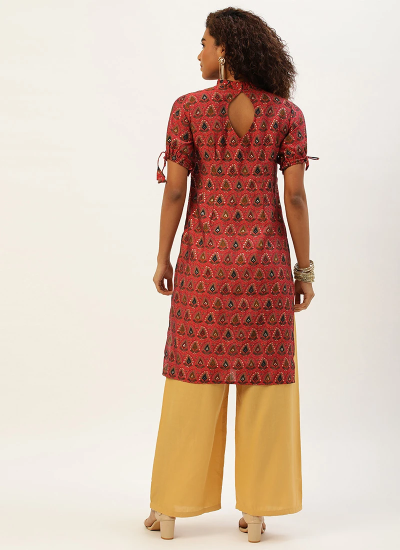 Printed Pink N Cream Rayon Kurta Set Work Wear 4 Printed Pink N Cream Rayon Kurta Set Work Wear - Image 4